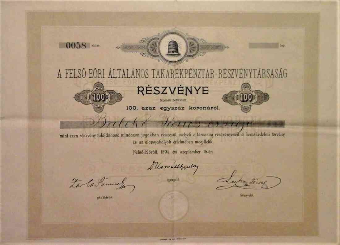 Aktie über 100 Kronen der Oberwarter Allgemeinen Sparkassen-AG, 1894