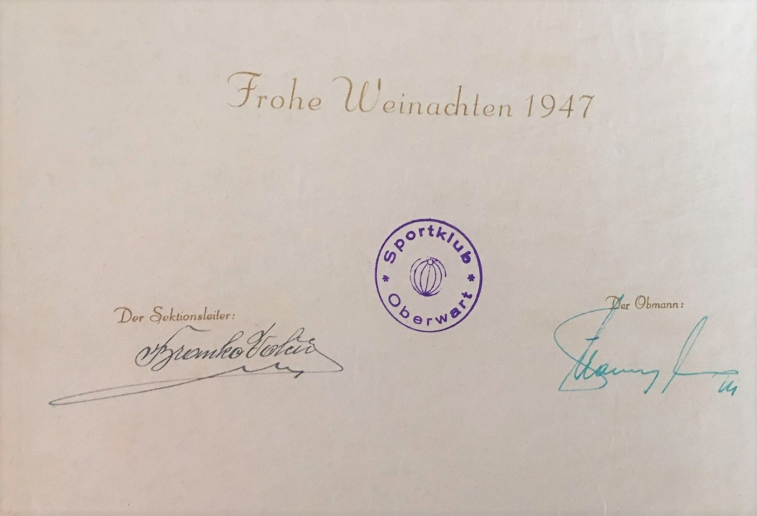 Fußball - SC Oberwart: Im Namen des Vereinsvorstands wünschen Sektionsleiter Branko Volcic (*1911/+1999) und Obmann Franz Lang (*1900/+1954) "Frohe Weihnachten"