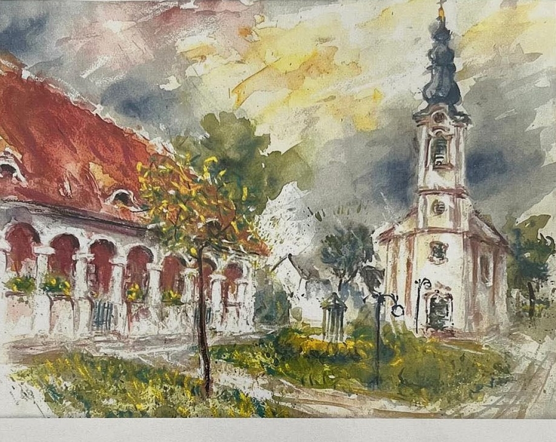 Aquarell von Franz Bachkönig aus dem Jahr 2009: Alter reformierter Pfarrhof (Arkadenhaus, OW 543 / Graf Erdödystraße 20) und Kirche