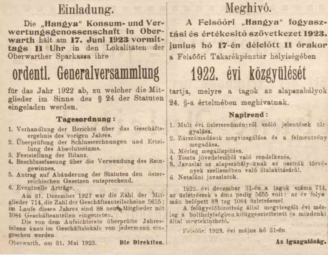 Einladung zur Ordentl. Generalversammlung der "Haqngya" Konsum- und Verwertungsgenossenschaft am 17. Juni 1923 (Oberwarther Sonntags-Zeitung 3. Juni 1923)