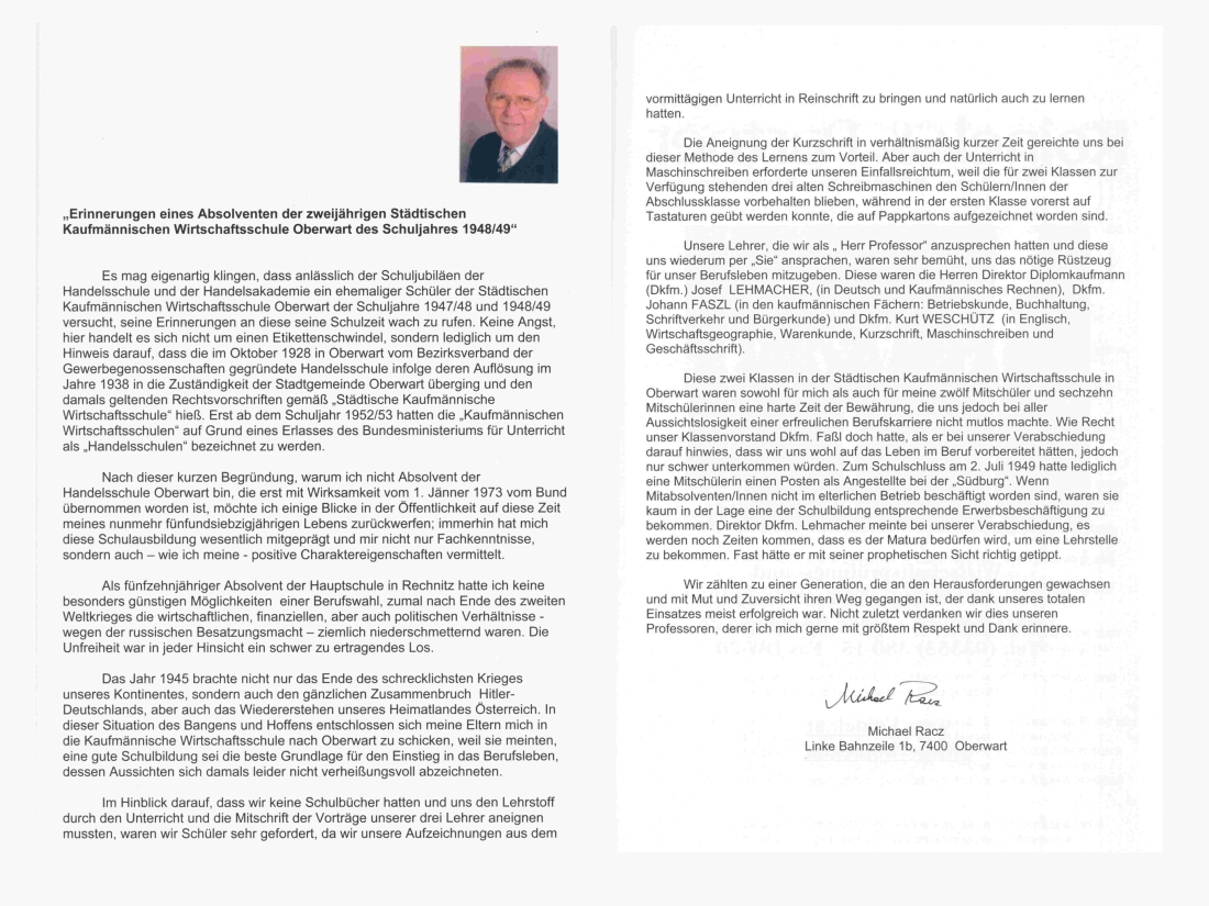 Erinnerungn von Bgm. Michael Racz als Absolvent der "Handelsschule" im Jahr 1949