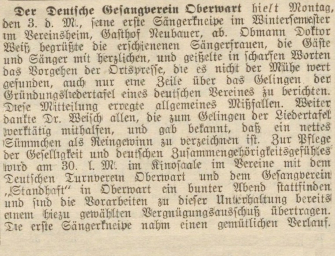 "Der freie Burgenländer" vom 16. Dezember 1923: 1. Sängerkneipe des Deutschen Gesangvereins Oberwarth
