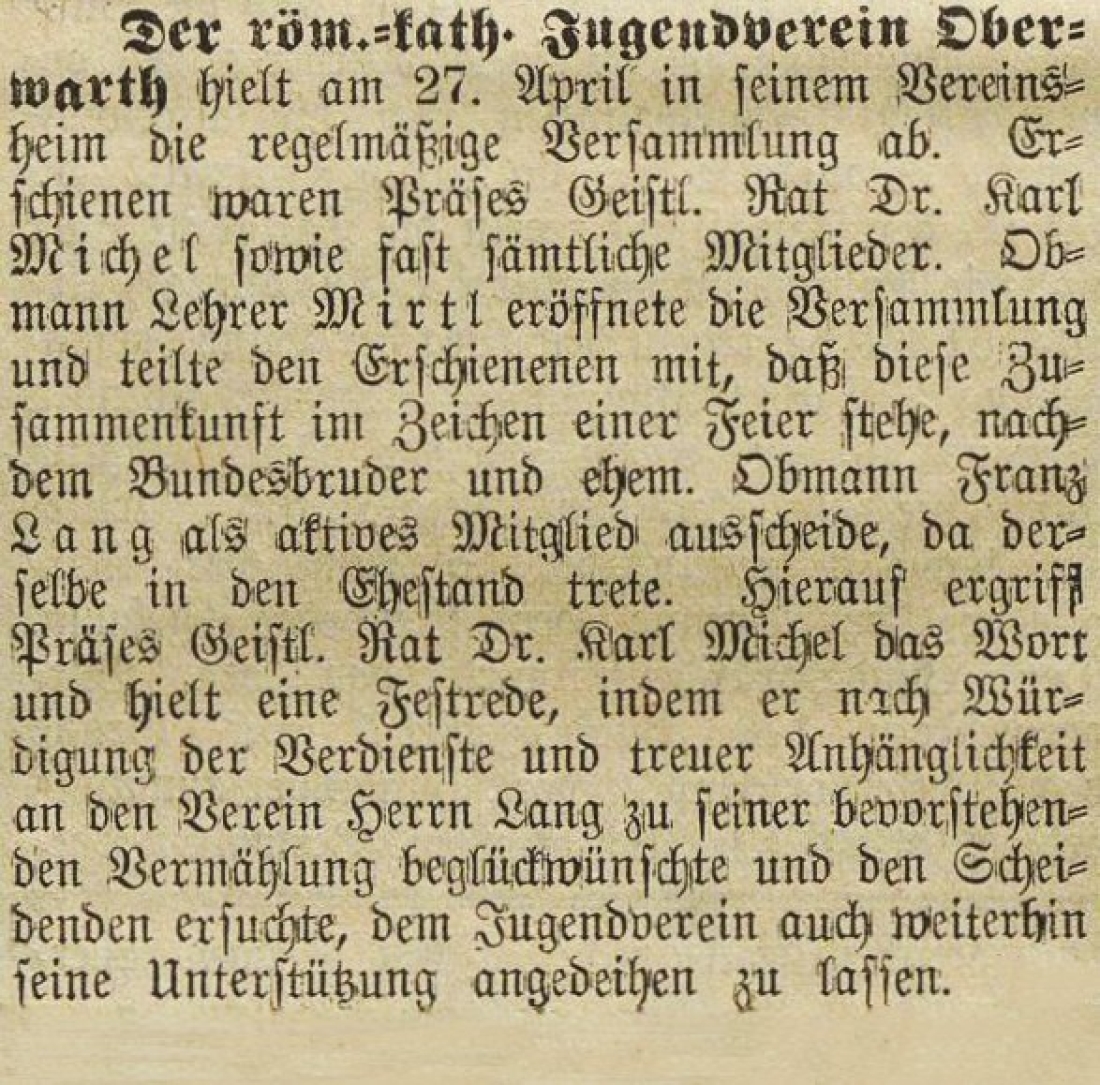 Oberwarther Sonntags-Zeitung vom 6. Mai 1934: Röm. kath. Jugendvereien - Würdigung von Franz Lang (*1900/+1954)