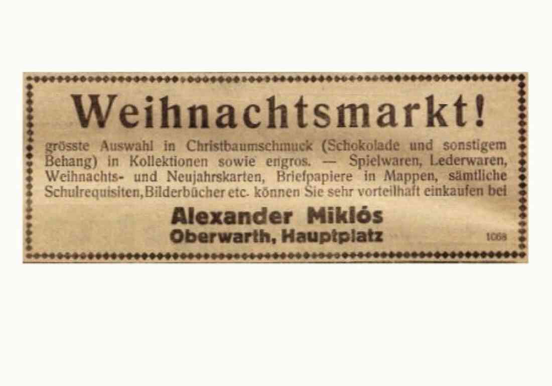 Anzeige der Trafik Alexander Miklos (Hauptplatz 7) über einen Weihnachtsmarkt in der Oberwarther Sonntags-Zeitung vom 19. Dezember 1926
