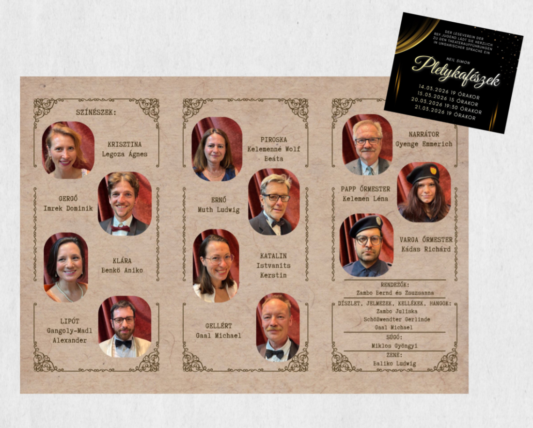 Theateraufführung des reformierten Lesevereins "Pletykafészek / Die Gerüchteküche" von Neil Simon im März 2026