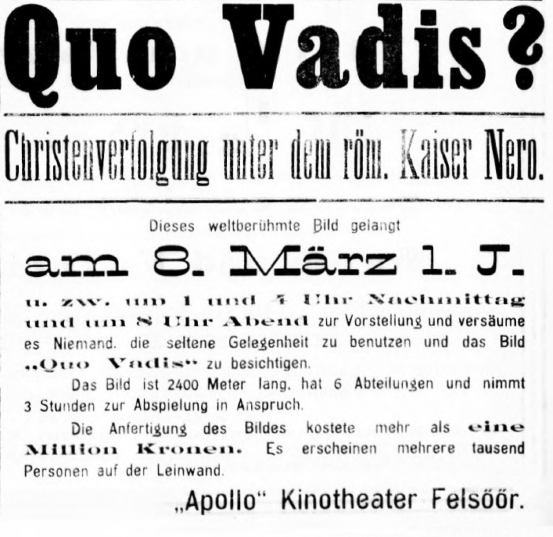 Oberwarther Sonntags-Zeitung vom 1. März 1914: Ankündigung des Stummfilms "QUO VADIS?" im Apollo Kinotheater