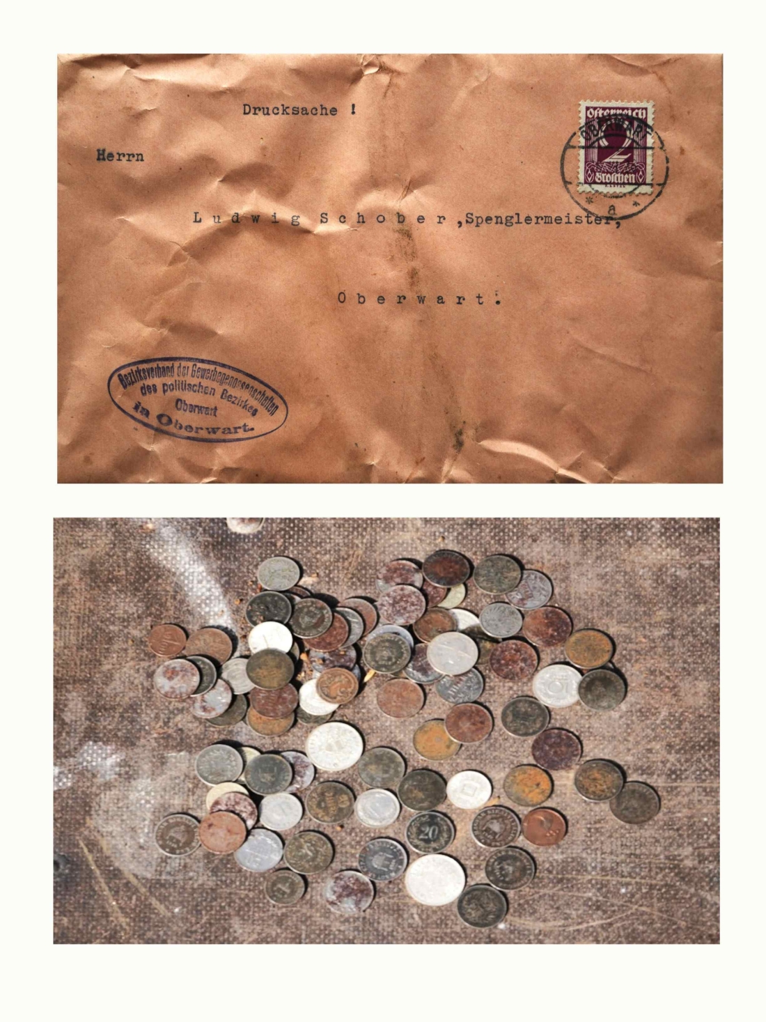 Röm. kath. Pfarre: Kuvert und Münzen in der Kugel unter dem Turmkreuzes in der Zeitkapsel aus dem Jahr 1926 - Aufbahrungskirche Maria Himmelfahrt