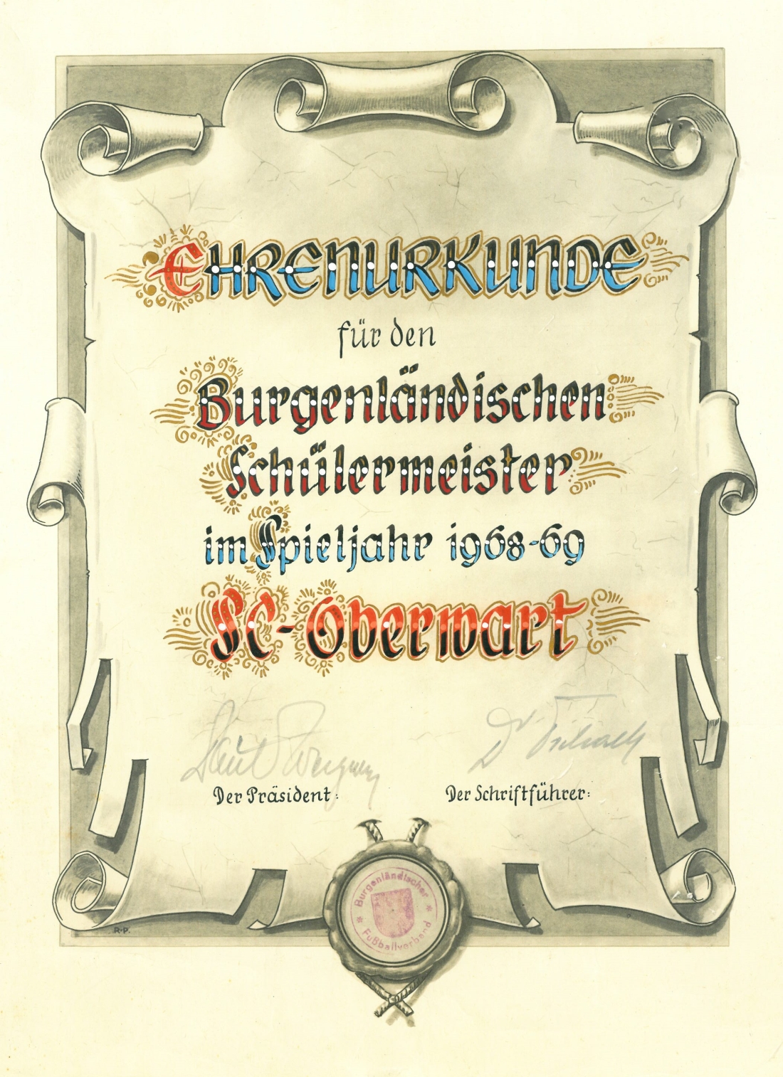 Fußball - SC Oberwart: Schülerlandesmeister 1968/1969 - Urkunde