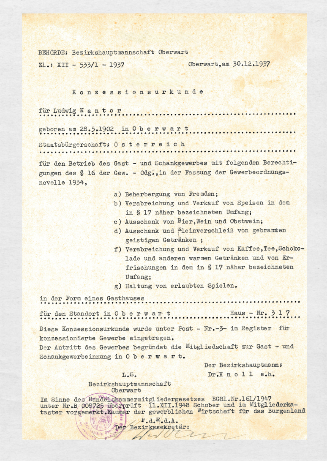 Konzessionsurkunde für Ludwig Kantor für den Betrieb des Gast - und Schankgewerbes an der Adresse OW 317 / Grazerstraße 44