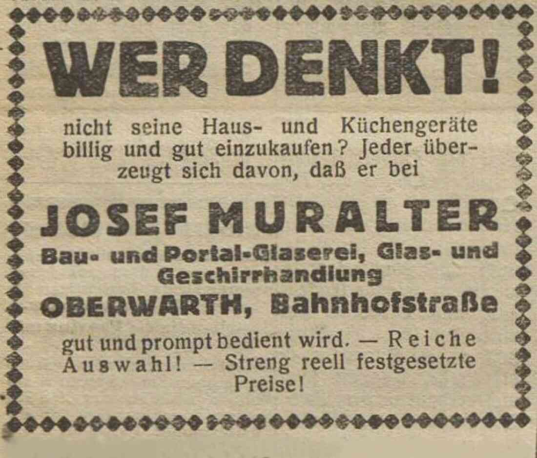 Werbeeinschaltung in der Oberwarther - Sonntagszeitung vom 16. Jänner 1927: Bau- und Portalglaserei, Glas- und Geschirrhandlung Josef Muralter