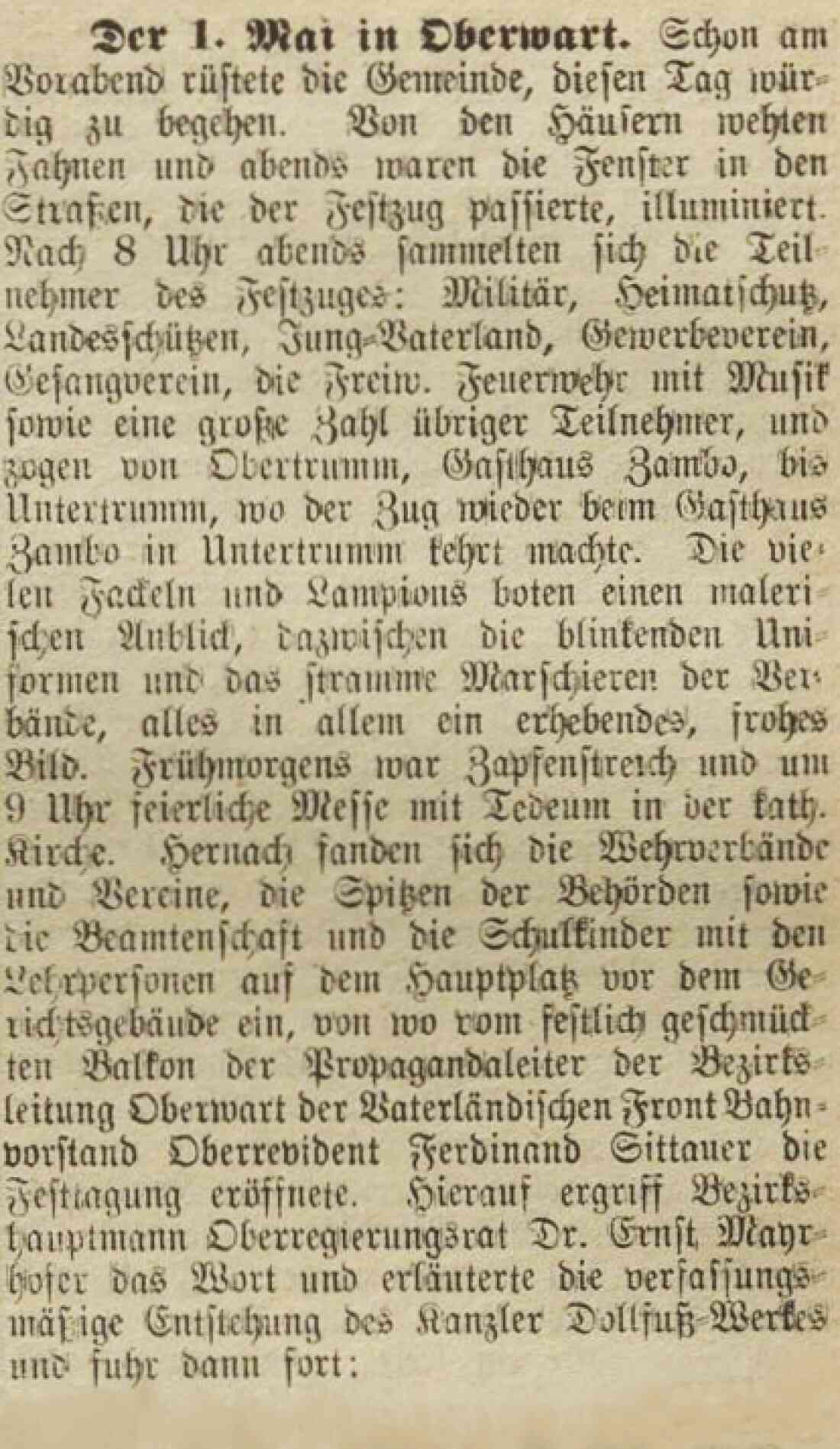 Oberwarther - Sonntagszeitung vom 5. Mai 1935: Feierlichkeiten zum 1. Mai im Ständestaat