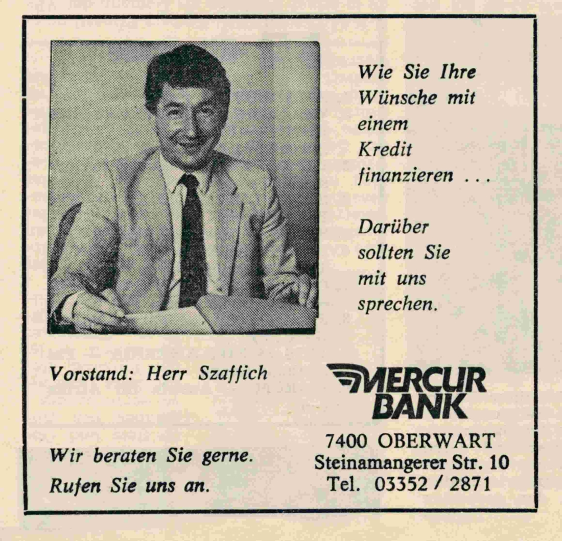 Inserat der Mercur-Bank 1975 mit Vorstand Szaffich