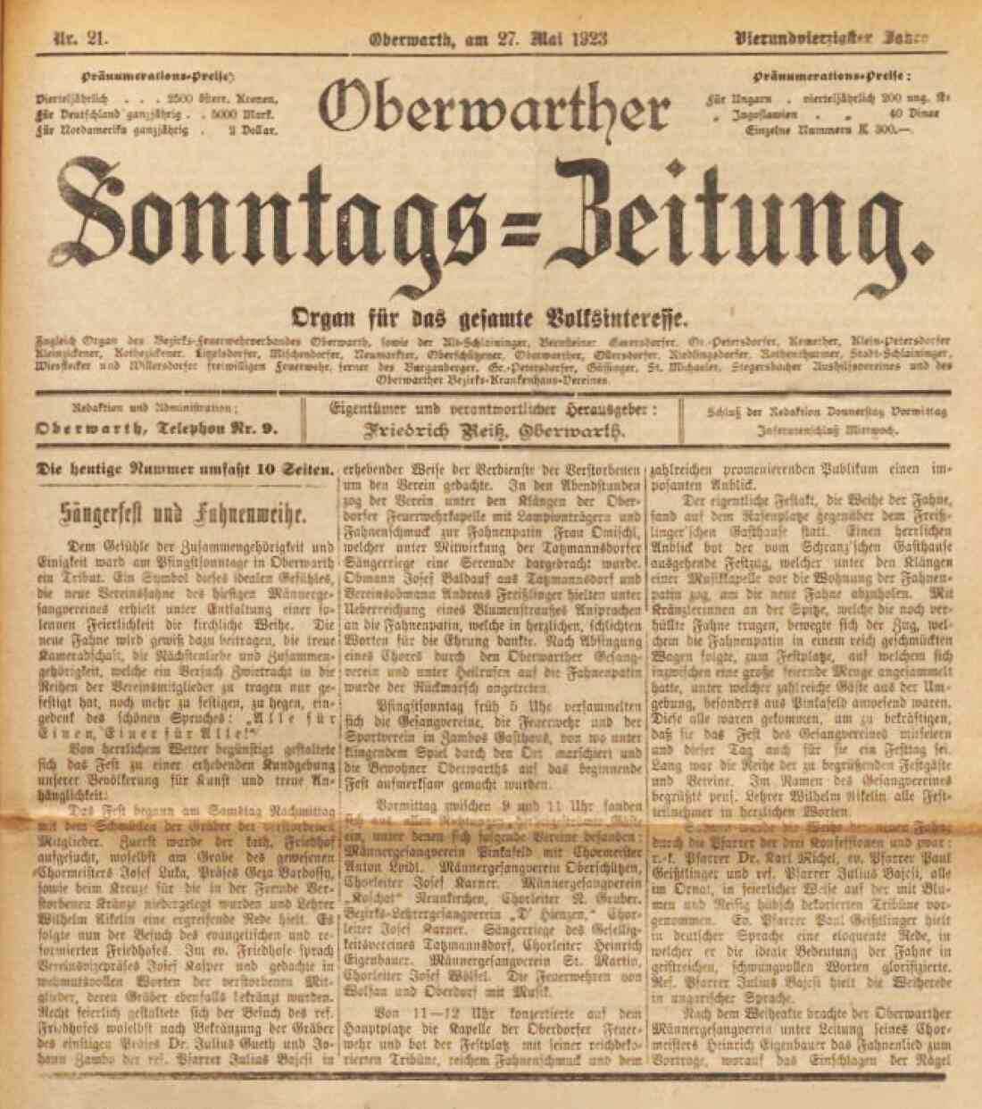 Titelseite der Oberwarther Sonntags = Zeitung vom 27. Mai 1923 / Männergesangverein: "Sängerfest und Fahnenweihe"