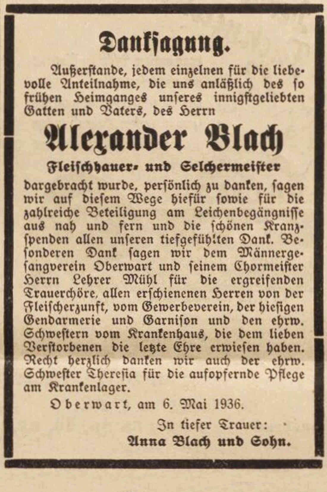 Oberwarther - Sonntagszeitung vom 10. Mai 1936: Danksagung anlässlich des Ablebens von Fleischermeister Alexander Blach sen.  (*1888/+1936)
