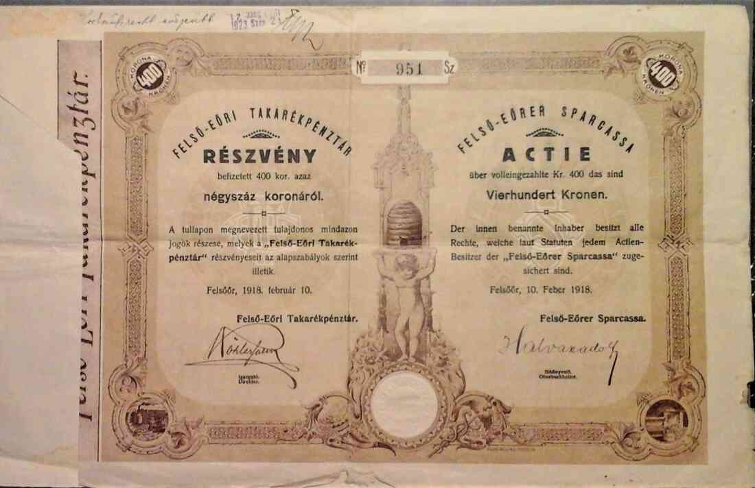 Aktie über 400 Kronen der Oberwarter Allgemeinen Sparkassen-AG, 1918