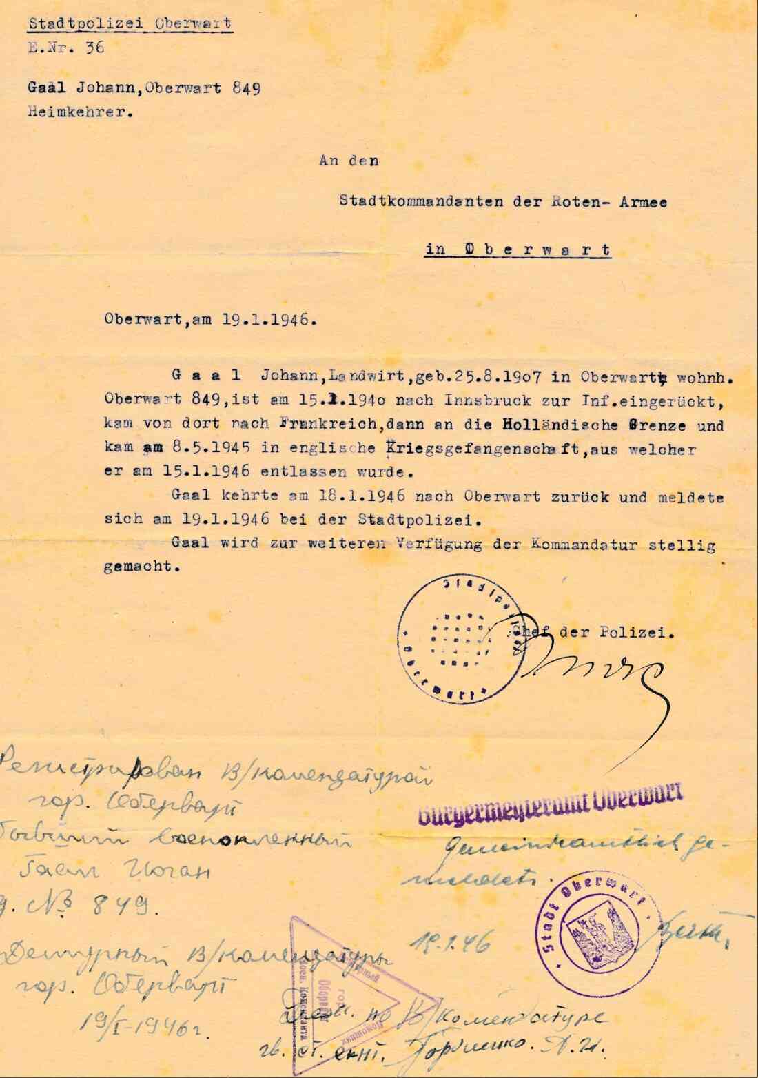 "Stelligmachung" des Johann (Janos) Gaal bei der Kommandatur der Roten Armee in Oberwart