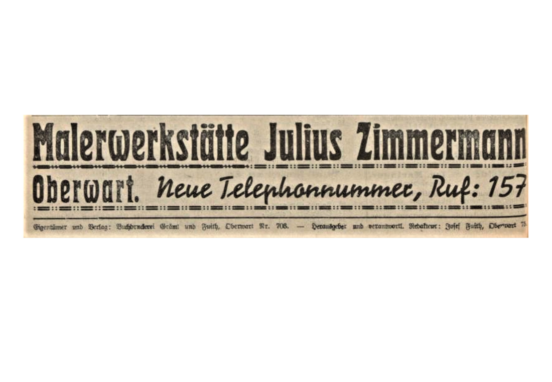 Malerwerkstätte Julius Zimmermann: Bekanntgabe der neuen Telefonnummer in der Oberwarter Zeitung vom 27. Juli 1952