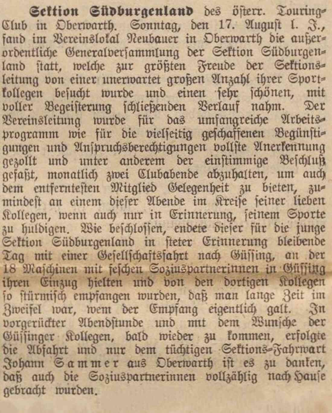 Oberwarther – Sonntagszeitung vom 24. August 1930: Sektion Südburgenland des österr. Touring-Club in Oberwarth