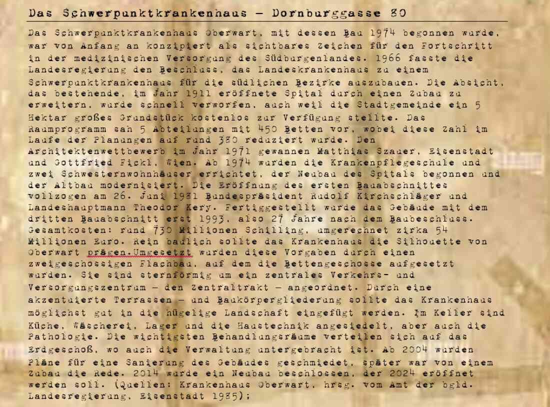 Schwerpunktkrankenhaus Dornburggasse 80: Geschichte und Beschreibung