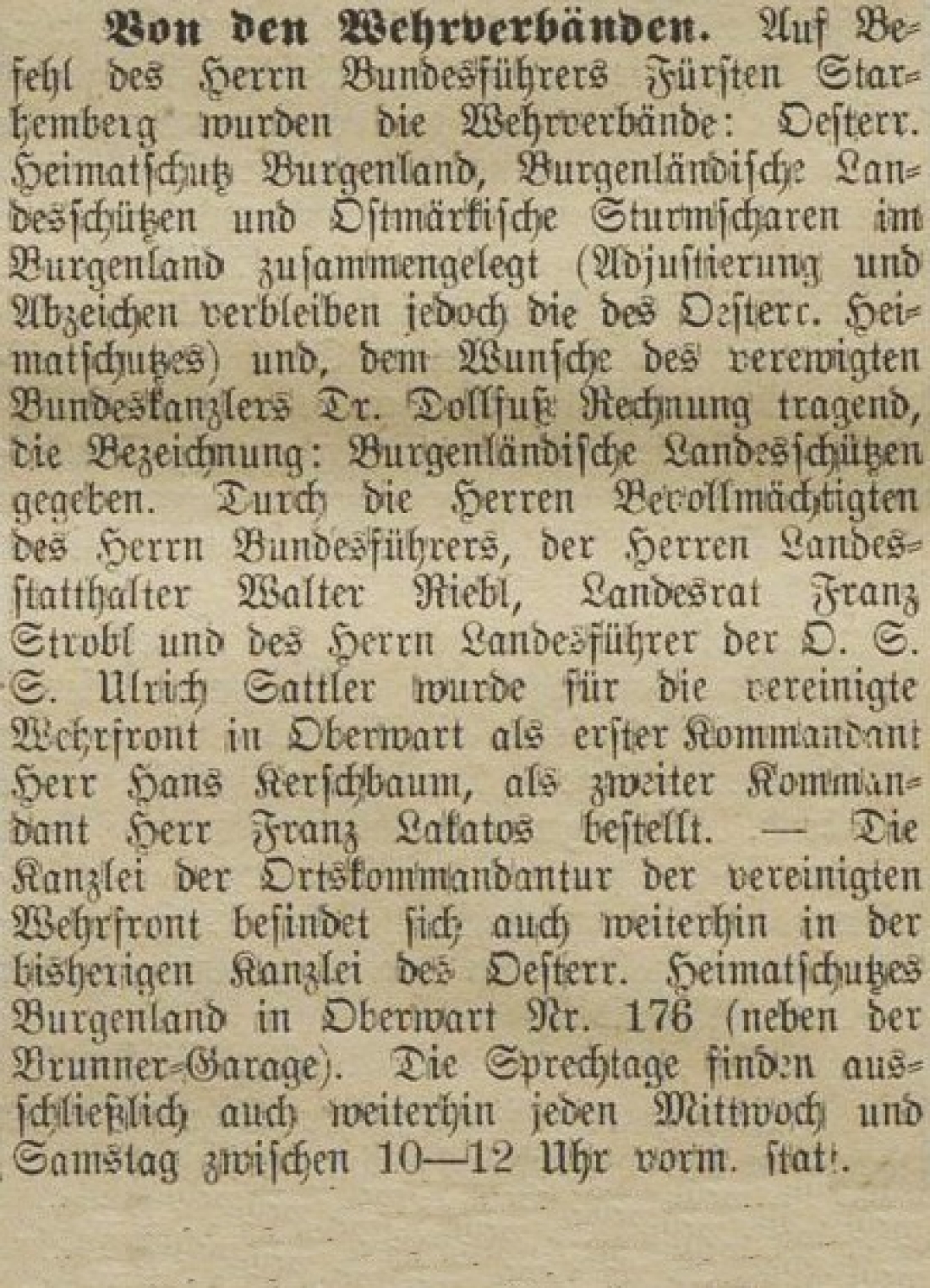 Oberwarther Sonntags-Zeitung vom 6. Oktober 1935: Von den Wehrverbänden - Oesterr. Heimatschutz Burgenland, Burgenländische Landesschützen und Ostmärkische Sturmscharen