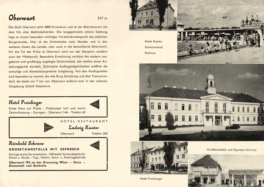 Flyer - Werbeblatt Oberwart mit Hinweisen und Bildern von: Gasthof und Hotel Kantor, Gasthof und Hotel Freislinger, Schwimmbad, Rathaus und Tankstelle & Espresso Schranz