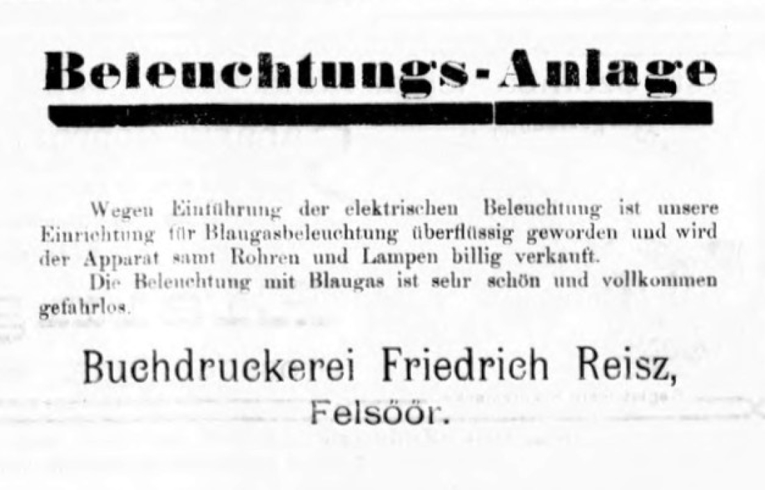 Oberwarther Sonntags-Zeitung vom 1. März 1914: Announce zum Verkauf einer Blaugsbeleuchtung durch Buckdruckerei Friedrich Reisz