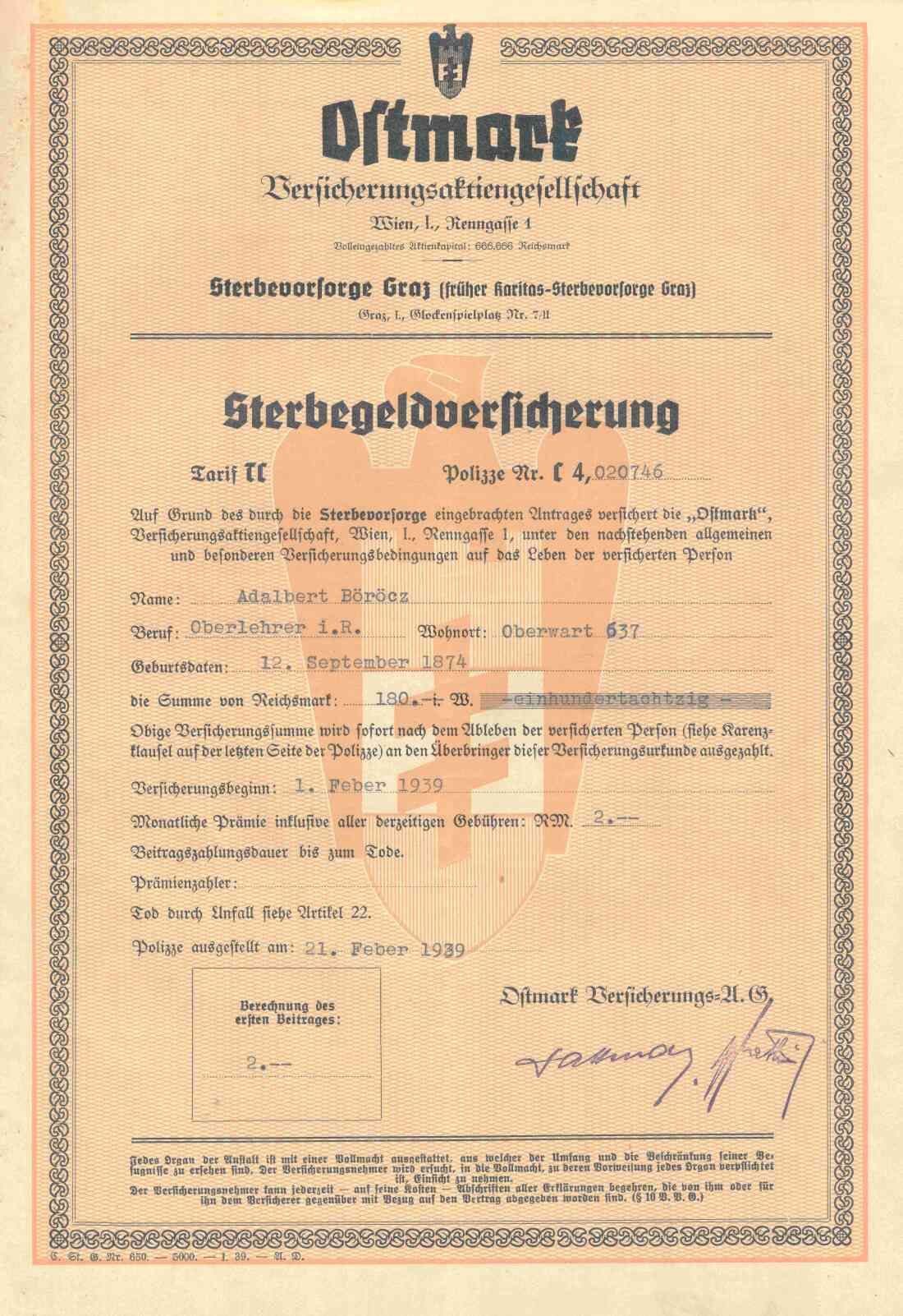 Polizze einer Sterbegeldversicherung bei der "Ostmark Versicherungsaktiengesellschaft" in Graz für Adalbert Böröcz (röm. kath. Lehrer, *1874/+1948)