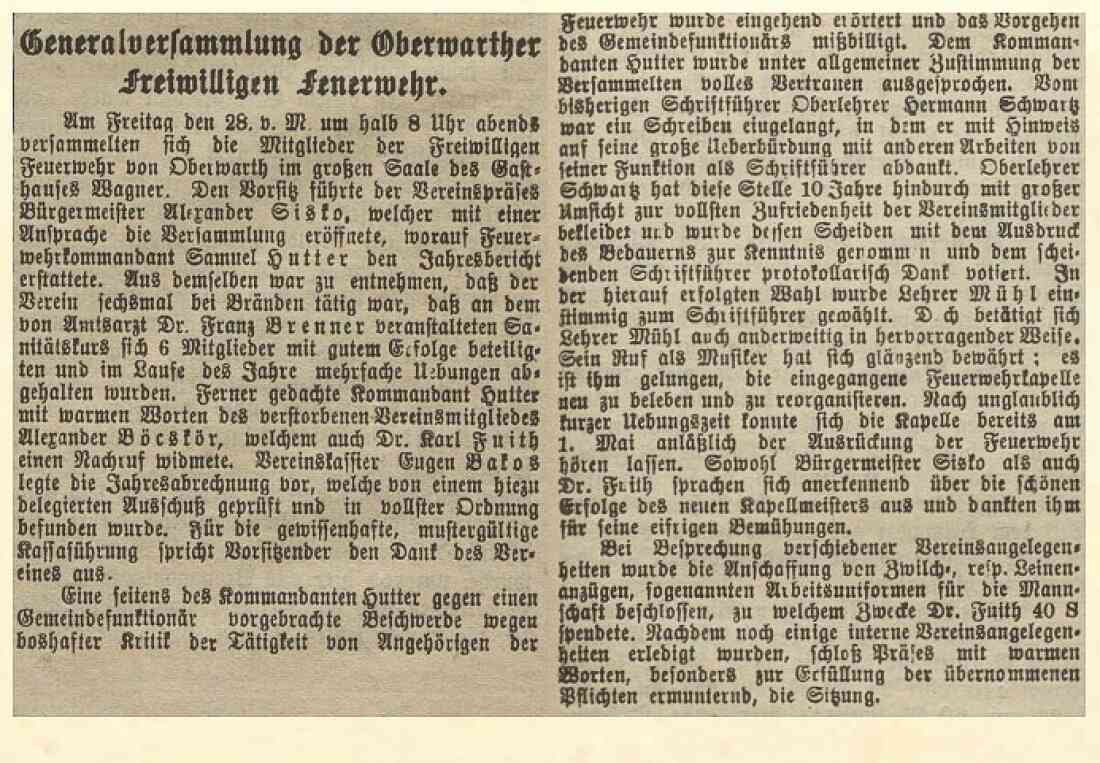 Artikel in der Oberwarther Sonntags-Zeitung vom 6. Mai 1918: Generalversammlung der Oberwarther Freiwilligen Feuerwehr