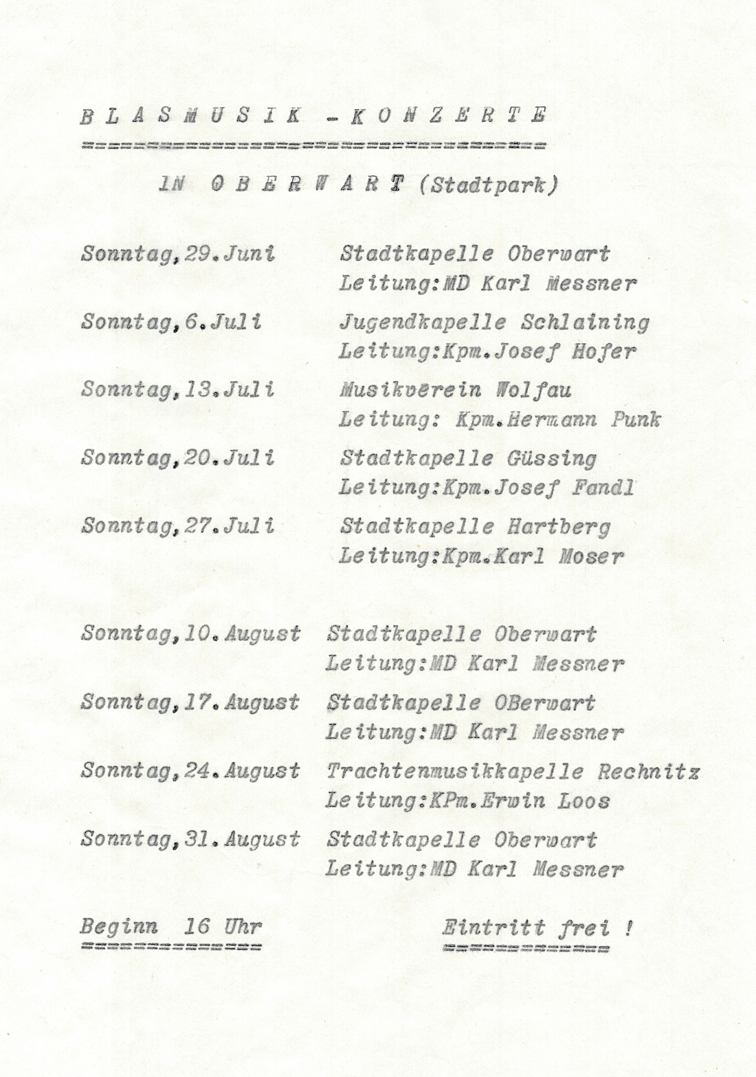 Stadtkapelle: Blasmusik-Konzerte im Stadtpark 1969