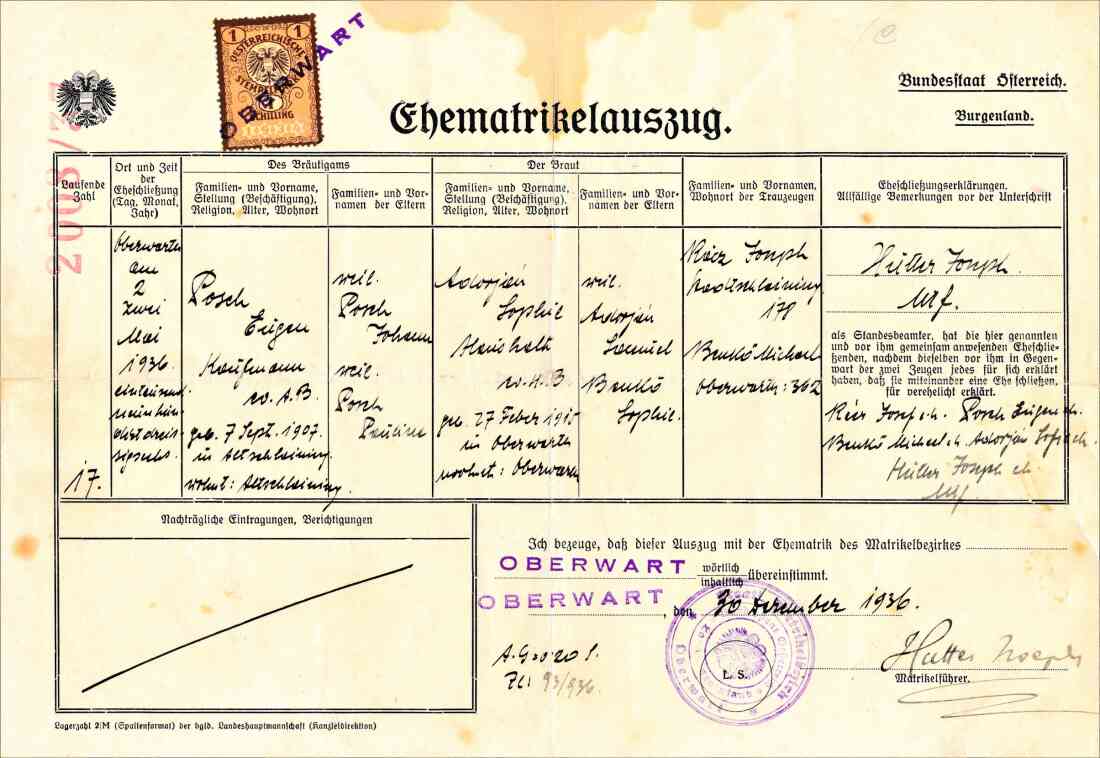 Ehematrikelauszug zur Hochzeit von Eugen Posch und Sophie Adorjan am 2. Mai 1936