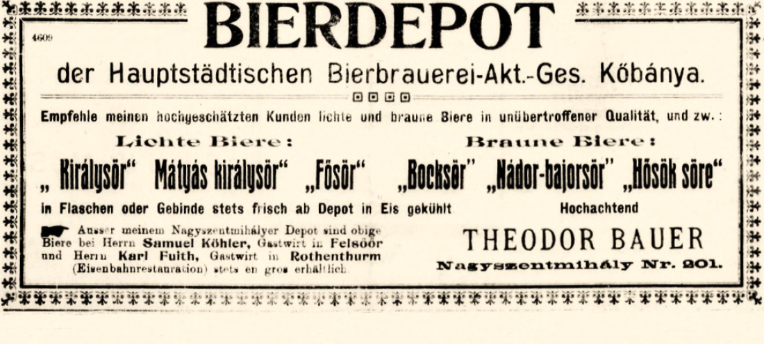 Oberwarther Sonntags-Zeitung vom 19. Juni 1921: Anzeige der Hauptstädtischen Bierbrauerei-Akt.-Ges. Köbanya über den Verkauf ihrer Biere bei Samuel Köhler, Gastwirt in Felsöör