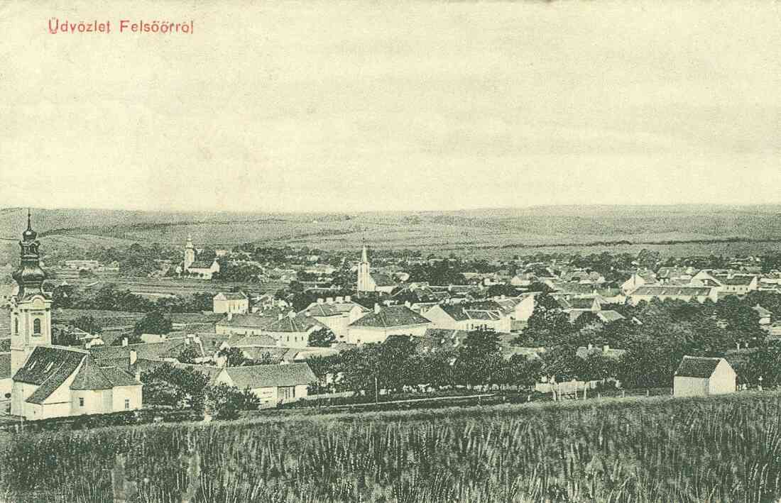 Ansichtskarte: "Üdvözlet Felsöeörröl" - Blick über Oberwart mit den drei Kirchen und der Synagoge