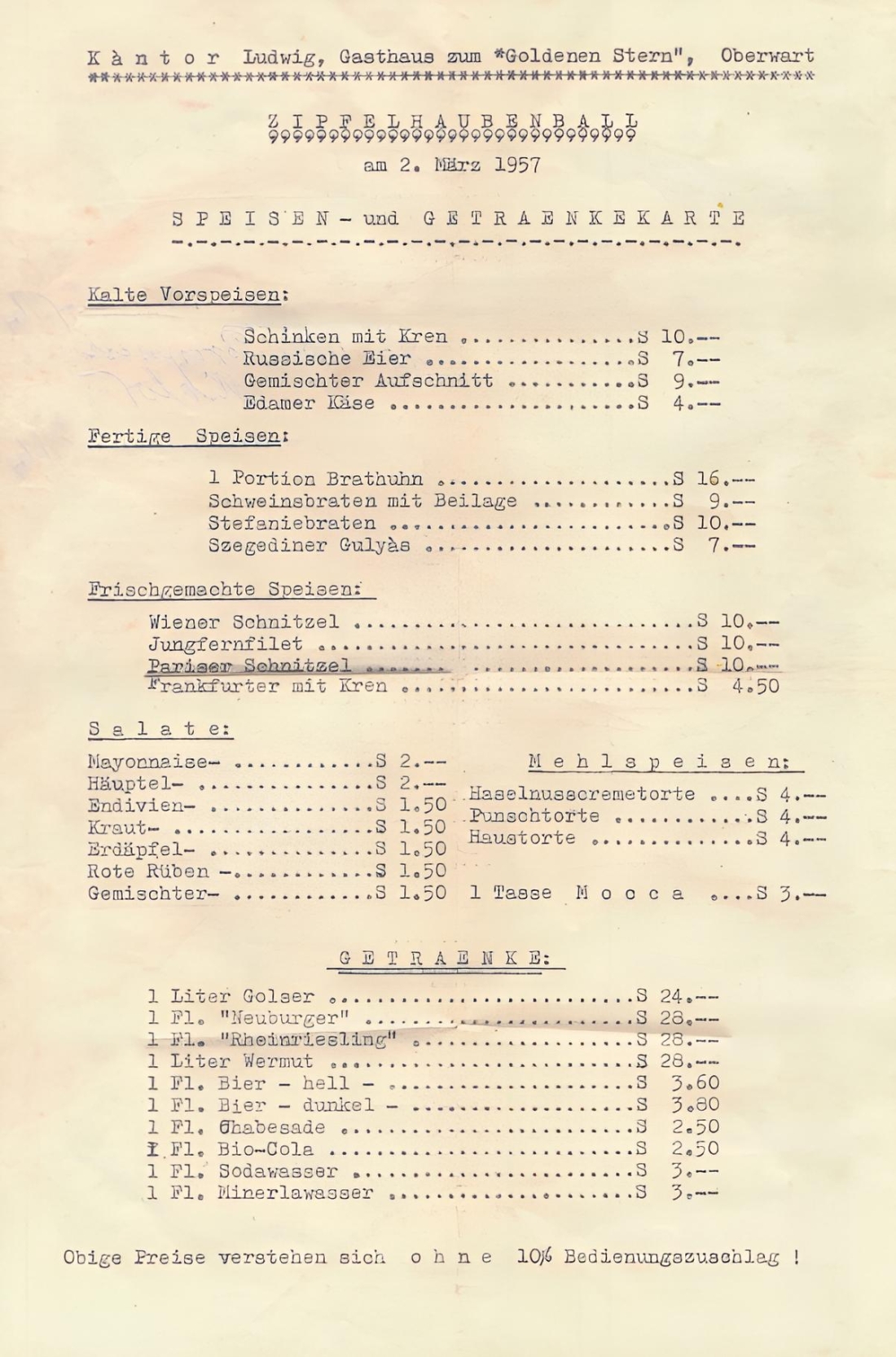 Gasthaus Ludwig Kantor "Goldener Stern" (Grazerstraße 44): Speisen- und Getränkekarte anlässlich des "Zipfelhaubenballs" am 2. März 1957