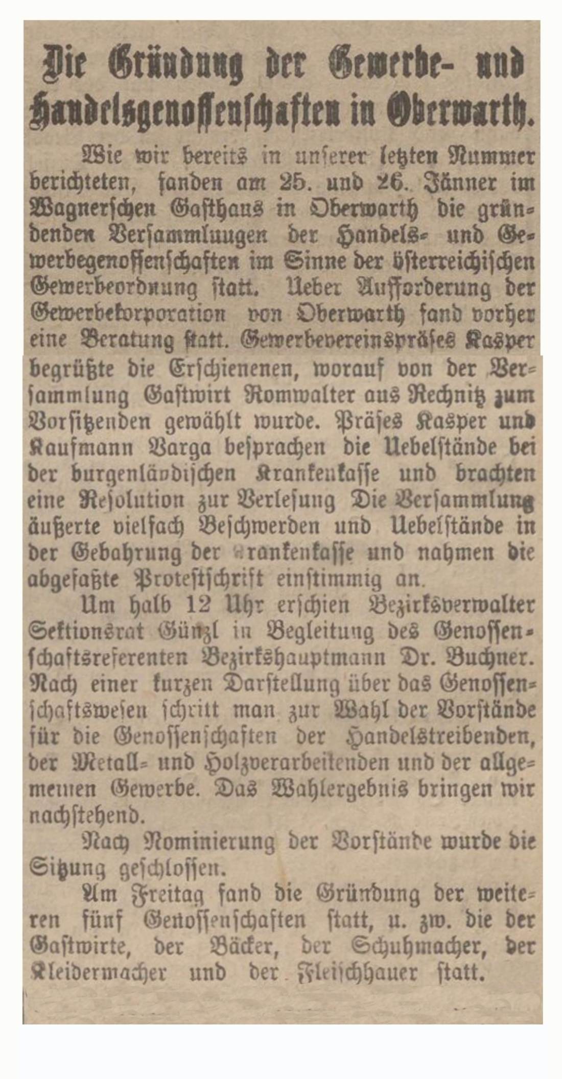 Ausführlicher Artikel in der Oberwarther = Sonntagszeitung vom 4. Feber 1923: Die Gründung der Gewerbe- und Handelsgenossenschaften in Oberwarth
