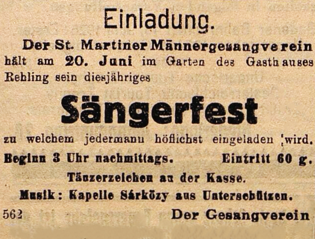 Oberwarther Sonntags = Zeitung vom 20. Juni 1926: Sängerfest des Männergesangvereins St. Martin