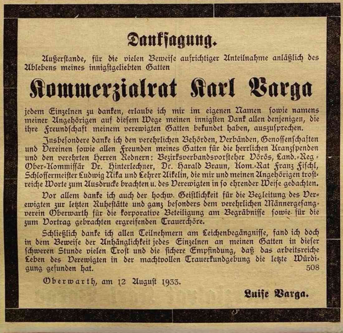 Danksagung der Witwe Luise Varga (*1991/+1937) anlässlich des Ablebens KR Karl Varga (*1885/+1933) in der Oberwarther Sonntags-Zeitung vom 13. August 1933