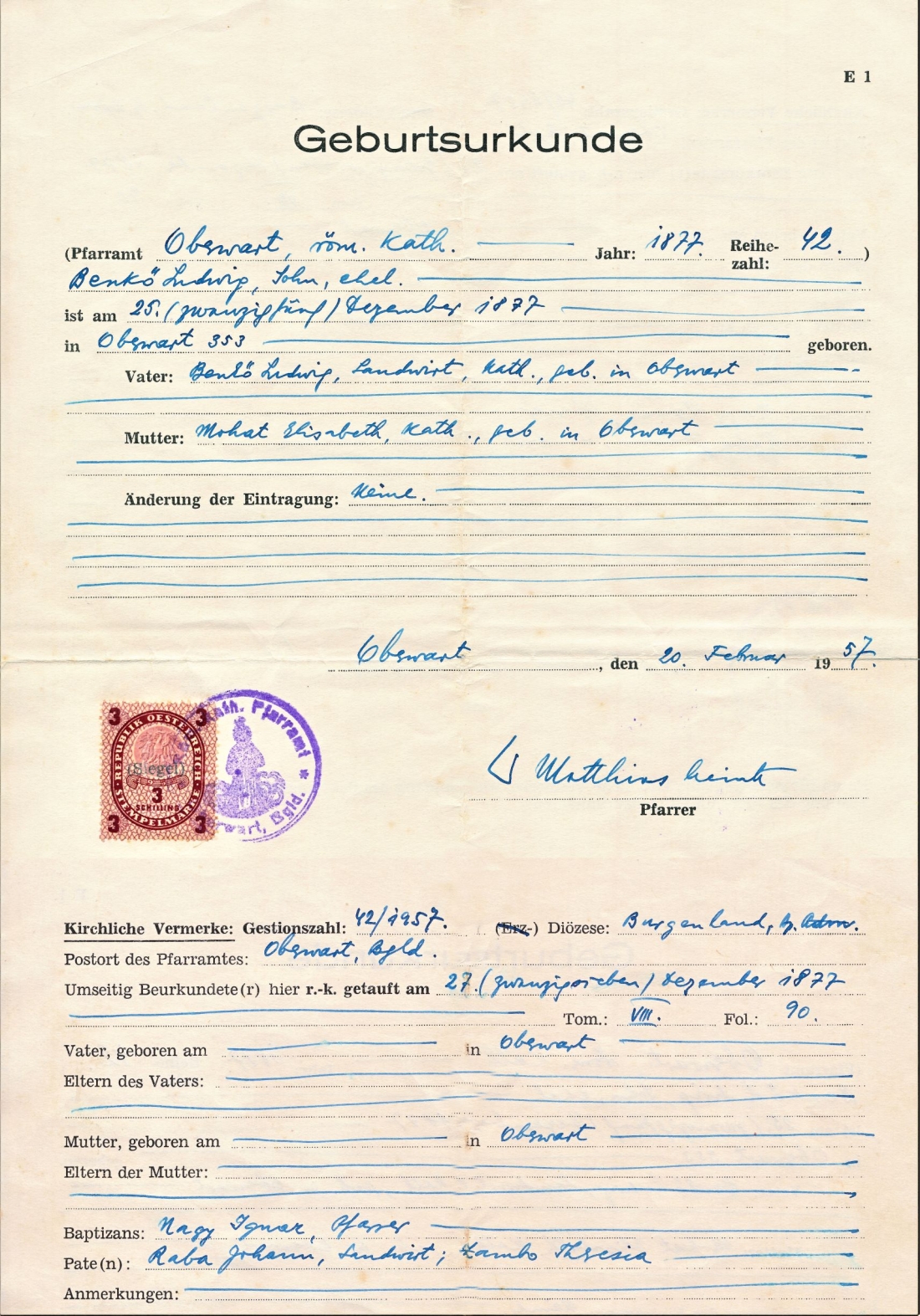 Dublikat der Geburtsurkunde von Ludwig Benkö (*1877 / +1926), Oberwart 446 / Konskriptionsnummer 578 / Graf Erdödystraße 75 (39)