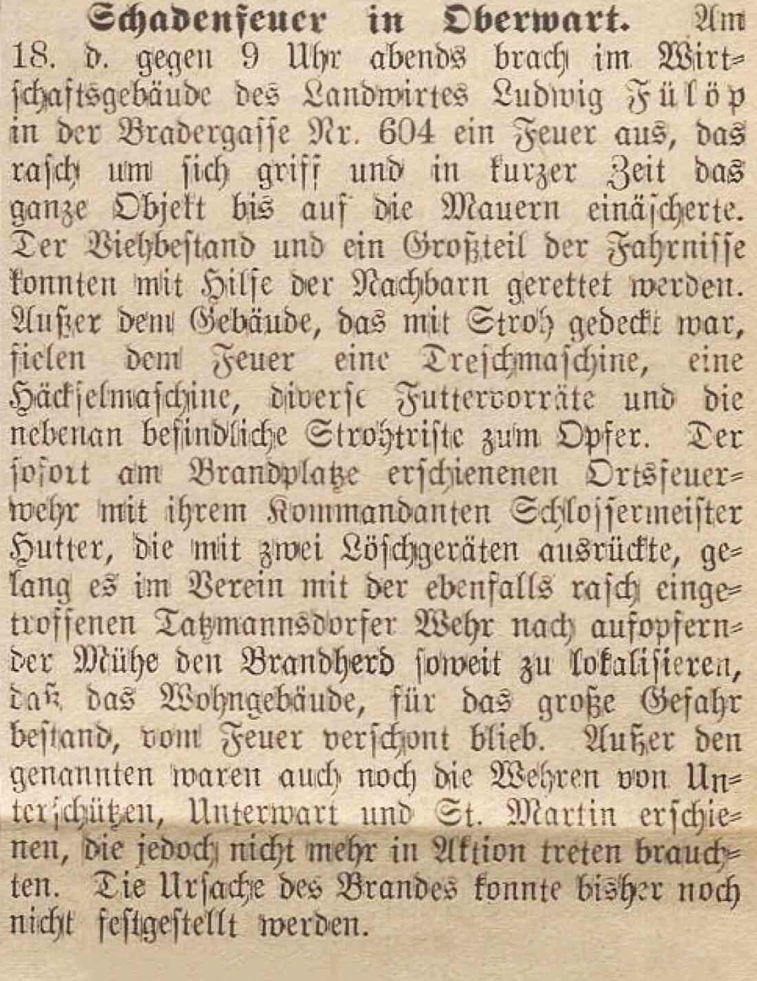 Bericht in der Oberwarther Sonntags-Zeitung vom 22. März 1936: Schadenfeuer bei Landwirt Ludwig Fülöp - Bradergasse 604 (Linke Bachgasse 40 / Johann Straußgasse 21)