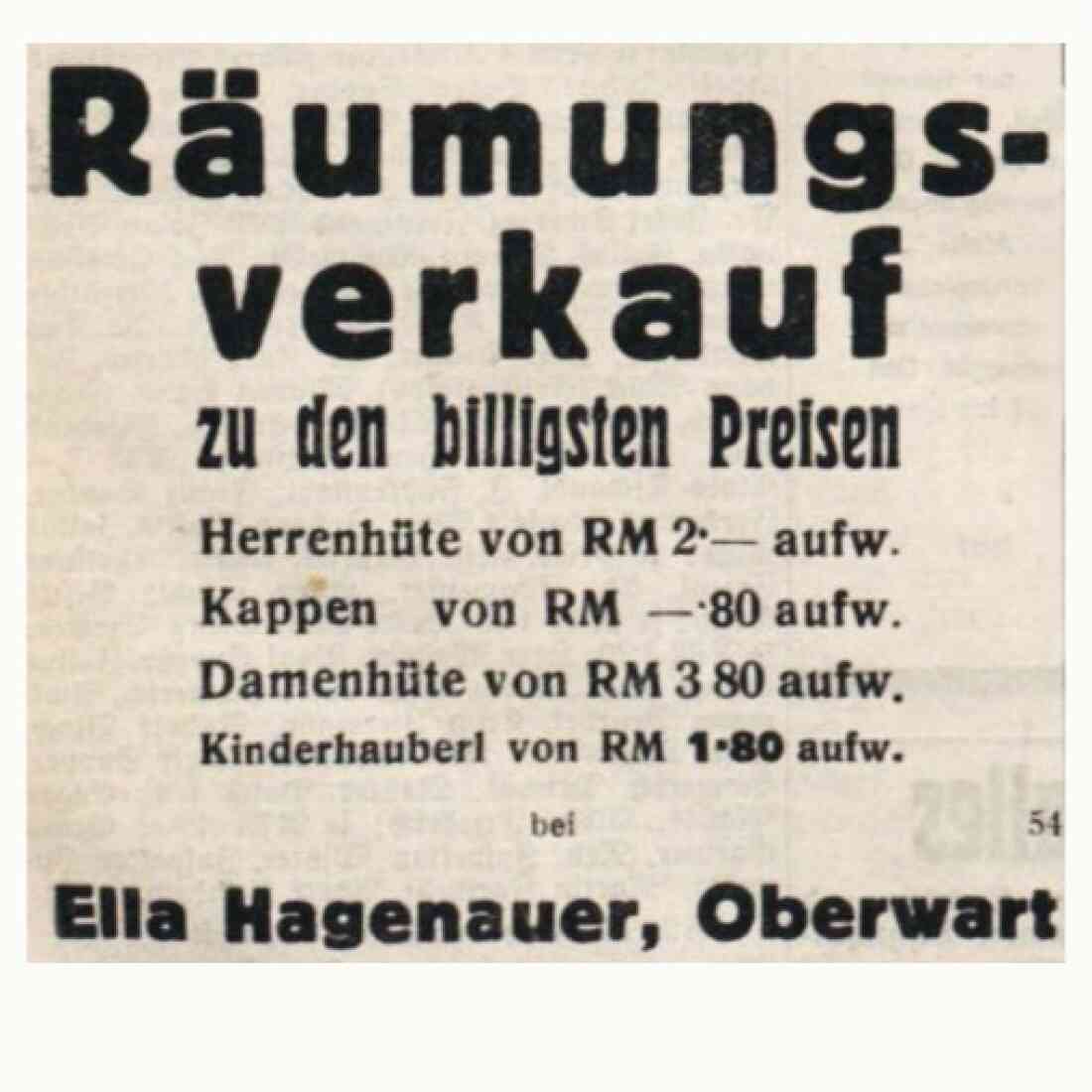 Hut- und Kappengeschäft Ella Hagenauer: Einschaltung in der Oberwarther Sonntags-Zeitung - OZ vom 22. Januar 1939 / Arisierung