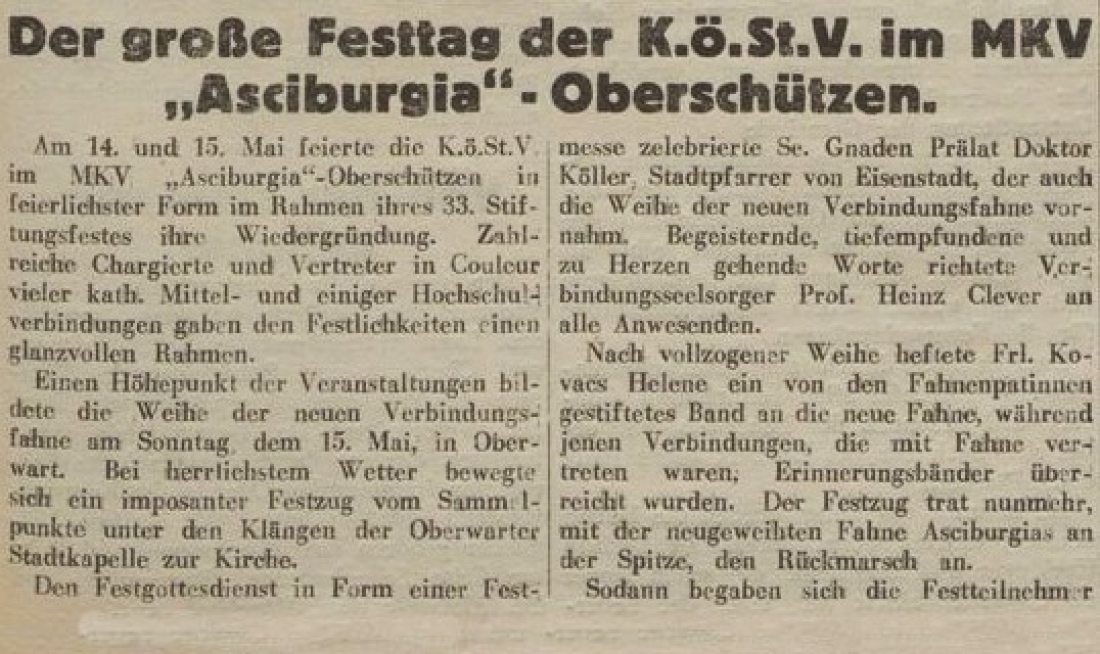 Oberwarter Zeitung vom 29. Mai 1955: Der große Festtag der K.ö.St.V. im MKV [Anm.: Katholisch österreichische Studentenverbindung im Mittelschulverbindungen] Asciburgia