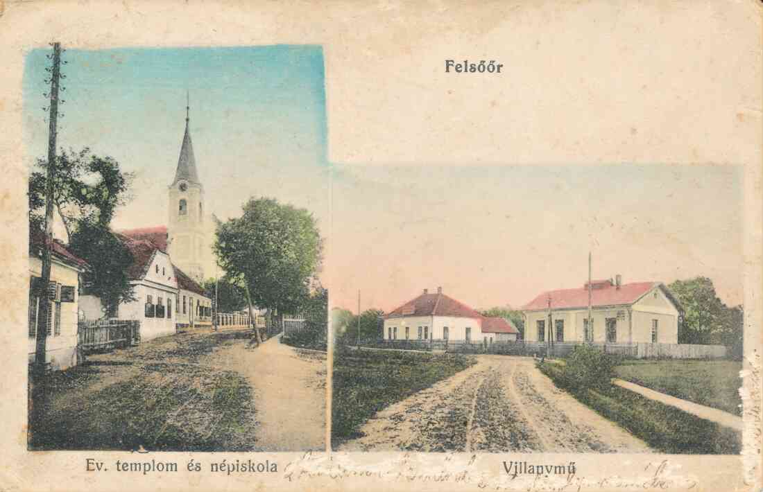 Ansichtskarte: Evang. Kirche und öffentliche Schule / E-Werk - "Ev. templon és Népiskola / Villanymü"