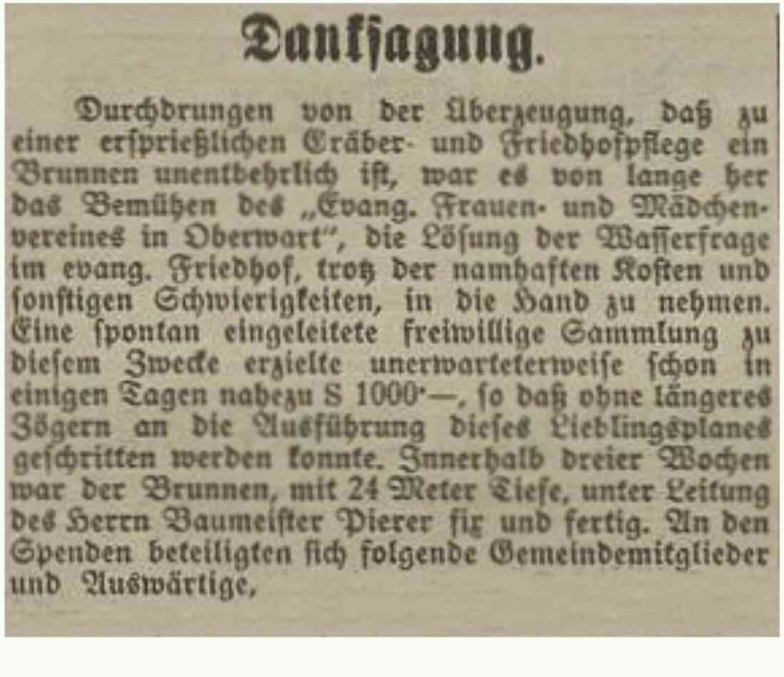 Evang. Pfarre AB: Danksagung in der Oberwarther Sonntags-Zeitung vom 15. Juli 1935 anlässlich er Errichtung eines Brunnens im Friedhof