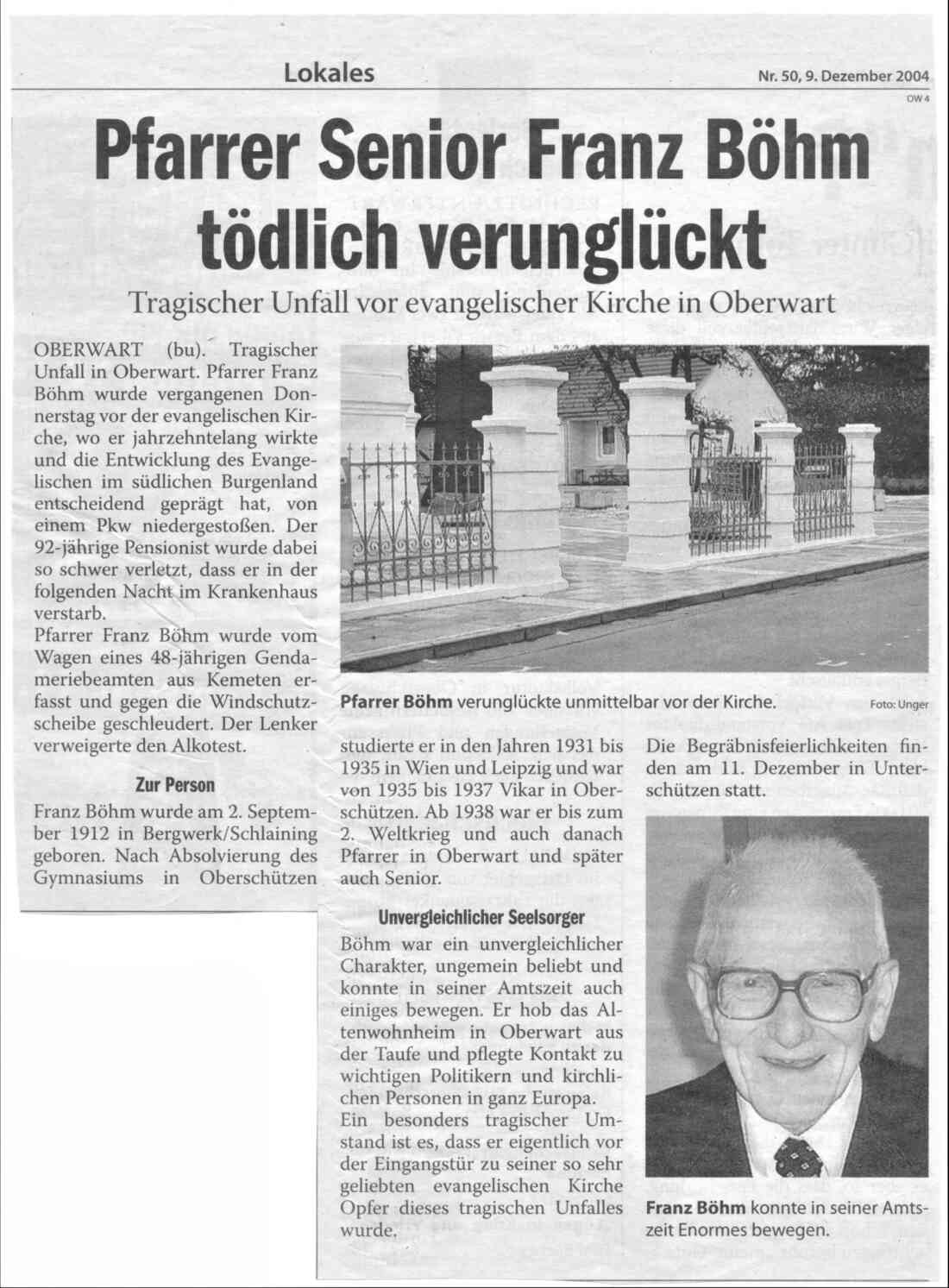 Evang. Pfarrgemeinde AB: Artikel zum Tod von Pfarrer Franz Böhm *1912 /+2004
