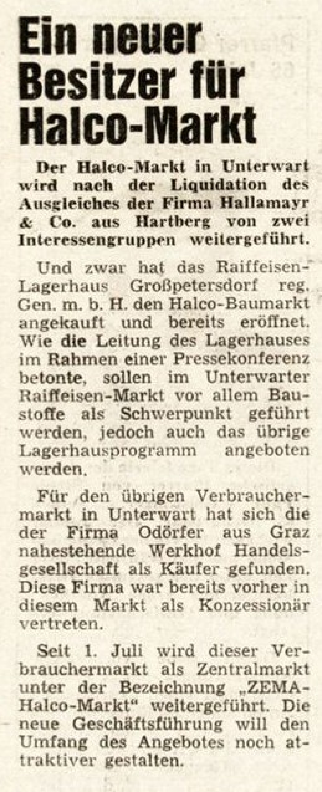 Die BF vom 5. Juli 1978 berichtet: Neuer Besitzer für Halco-Markt