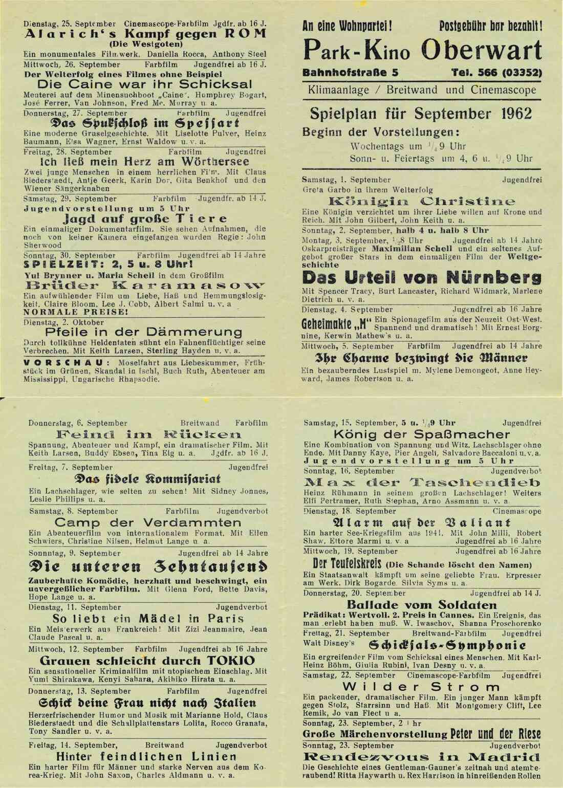 Parkkino: Spielplan vom September 1962