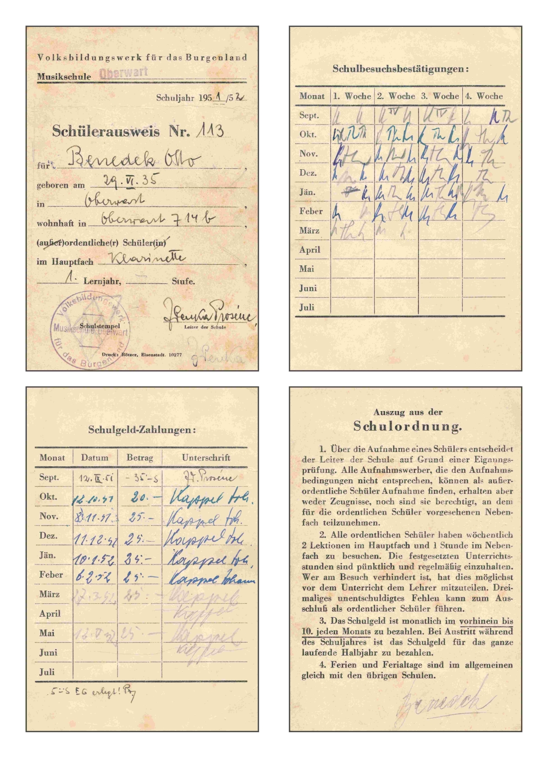 Otto Benedek: Schülerausweis der Musikschule