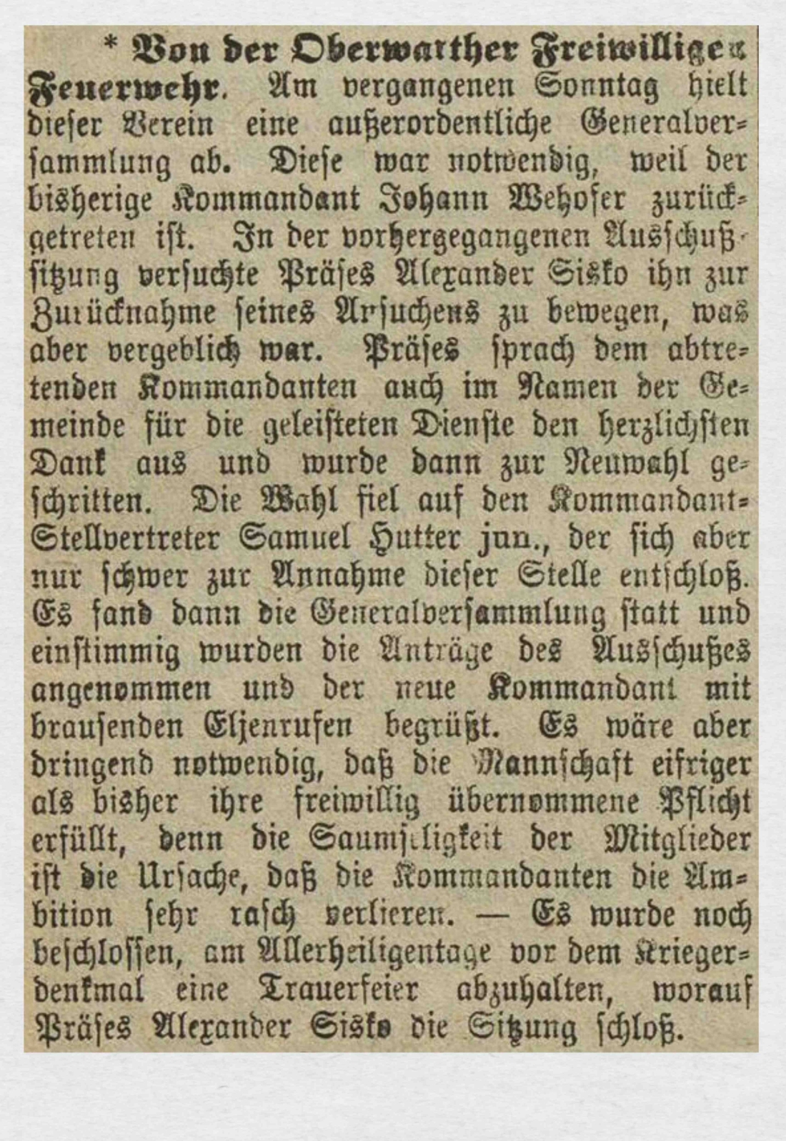 Oberwarther = Sonntagszeitung vom 2. November 1930: Bericht über die Generalversammlung der Feuerwehr und Hinweis auf die 1. Heldengedenkfeier (Heldenehrung/Friedensfeier) vor dem neuerrichteten Oberwarter Kriegerdenkmal