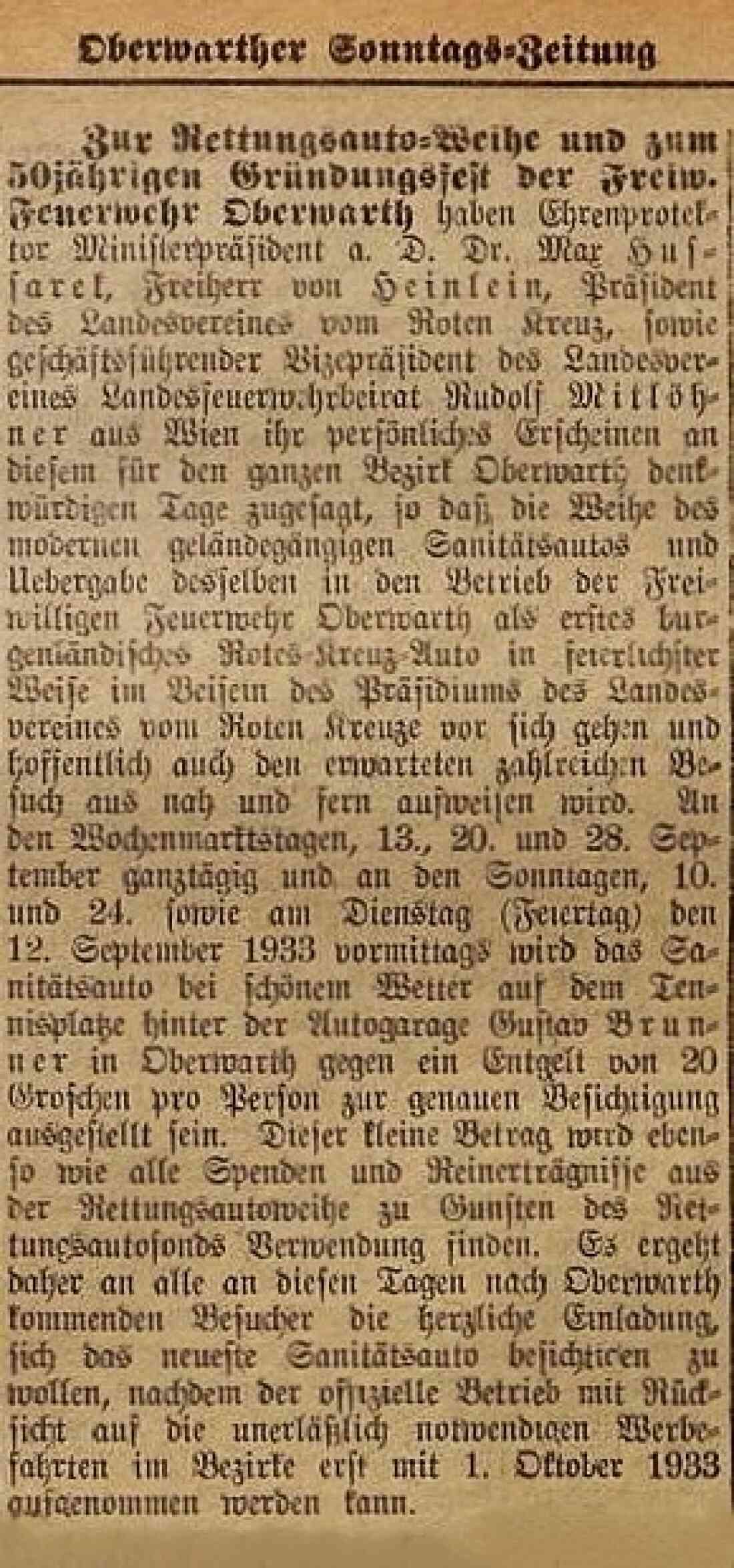 Rotes Kreuz / Feuerwehr: Bericht in der Oberwarther Sonntags-Zeitung vom 27. August 1933 - Rettungsautoweihe und 50-jähriges Gründungsfest der Feuerwehr