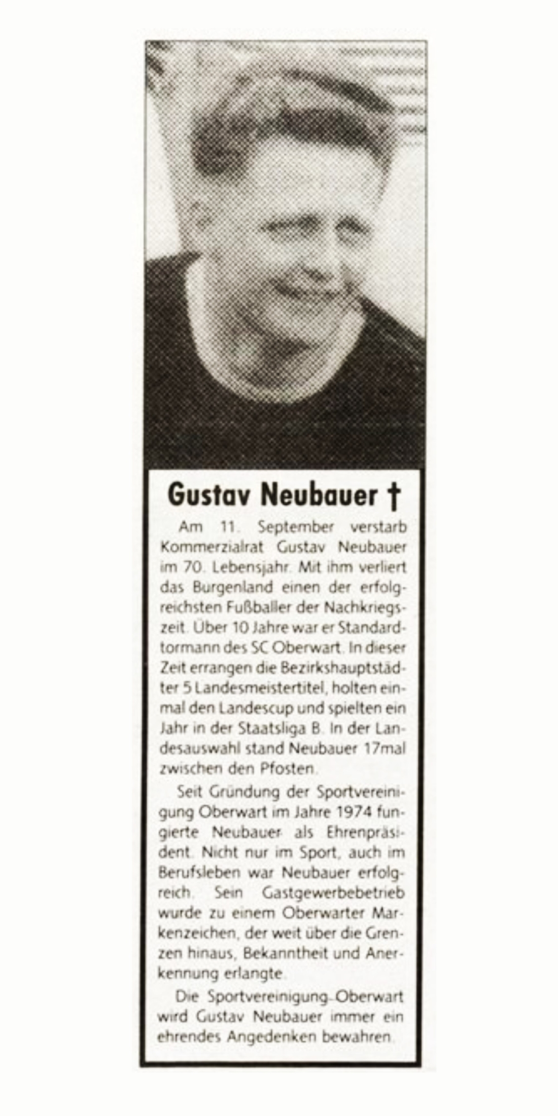 Bericht in der BF vom 20. September 1995 zum Ableben von KR Gustav Neubauer (*1926/+1995)
