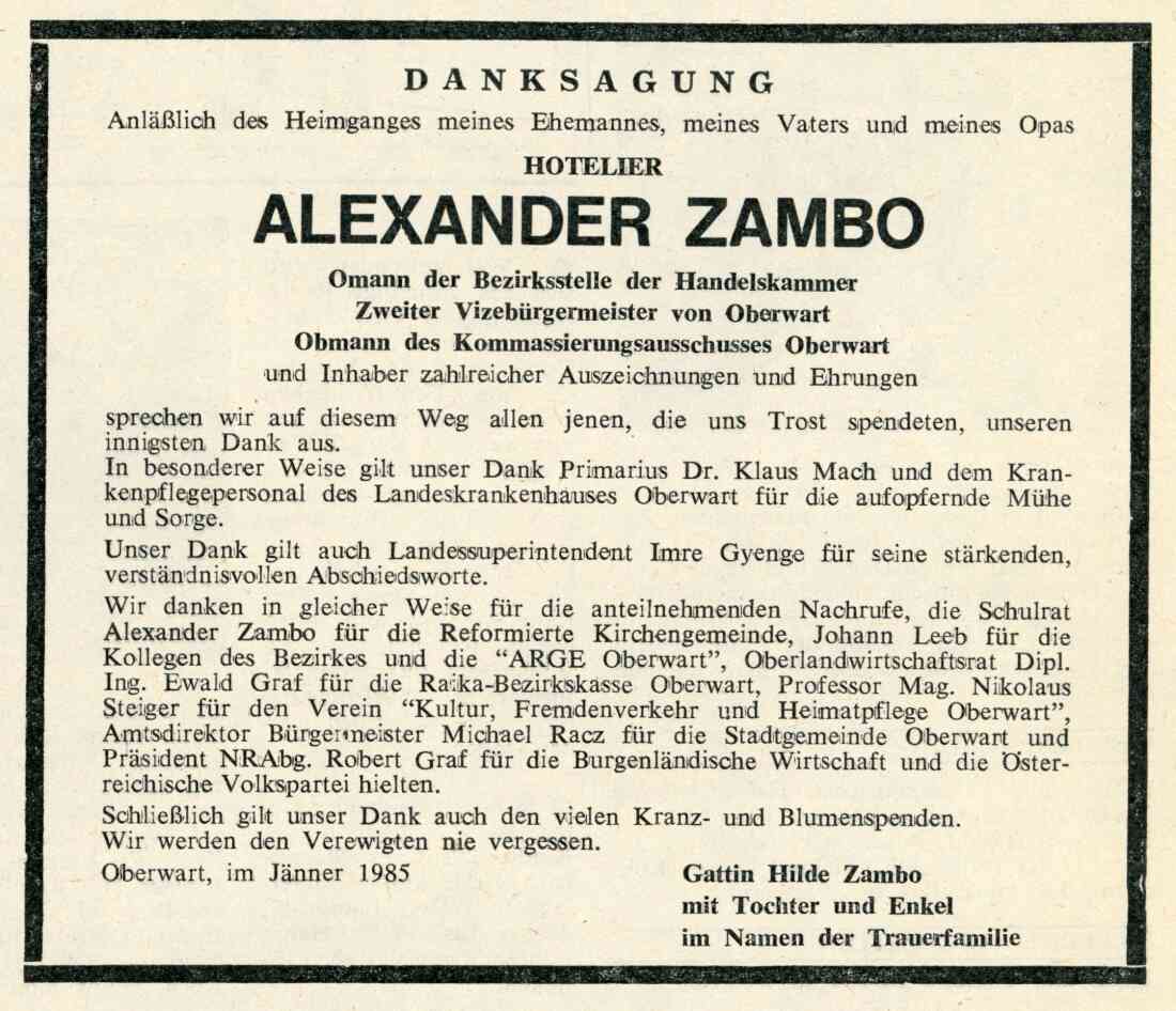 Danksagung der Familie anlässlich des Ablebens von Komm.Rat Alexander Zambo *1927 / +1984